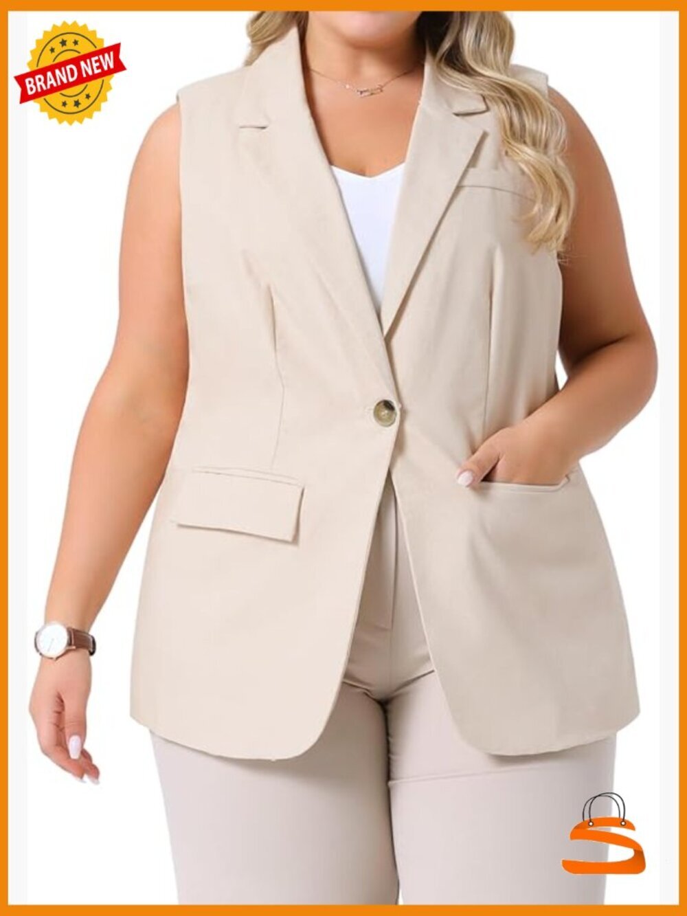 Plus Size Linen Blazer Vest Sleeveless Padded Waistcoat Work Jacket with Pockets